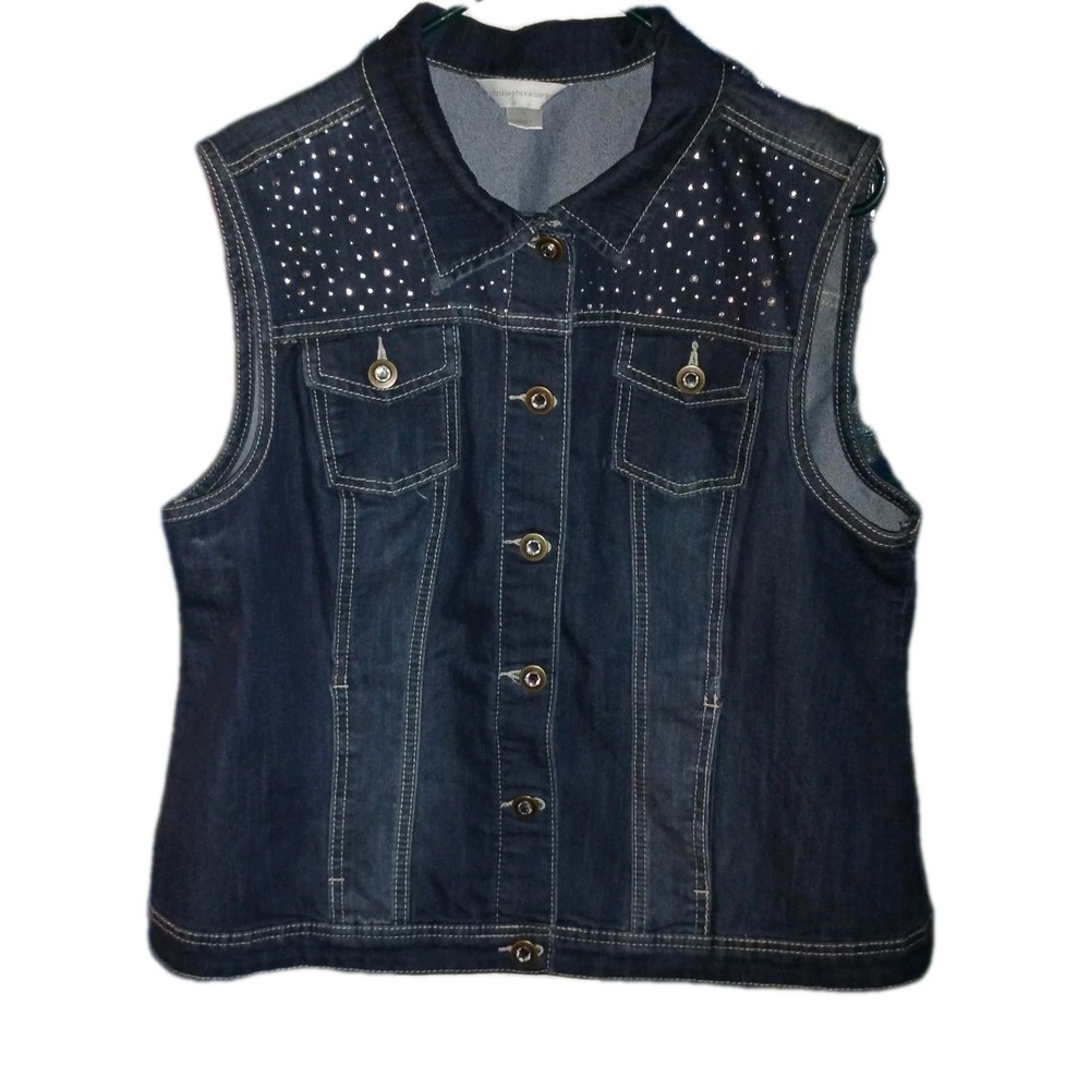 Christopher & Banks Womens Large Vest Denim‎ Sleeveless Bling Front Pockets jean